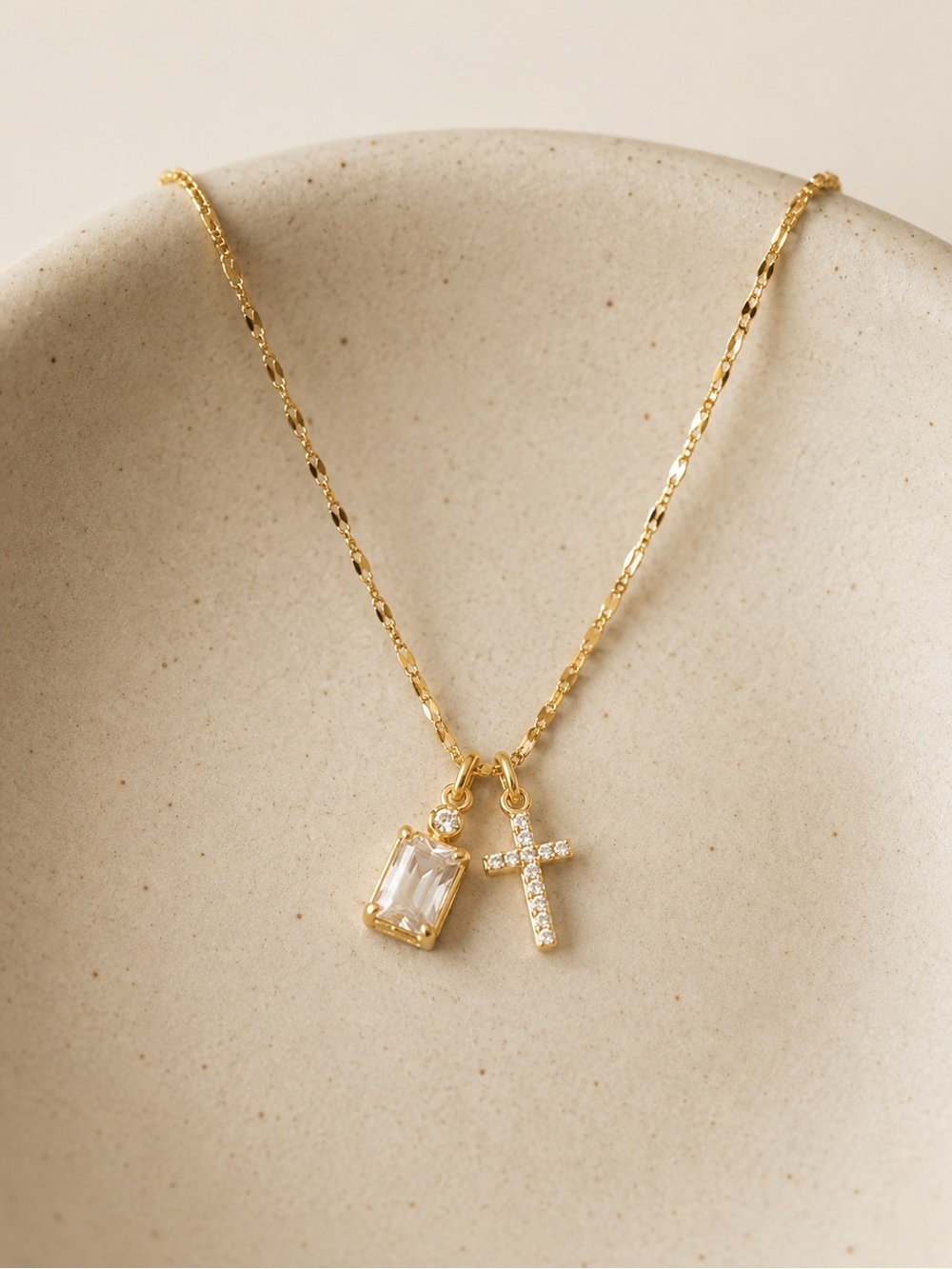 Gold Crystal Cross and Baguette Pendant Necklace - Women Jewelry
